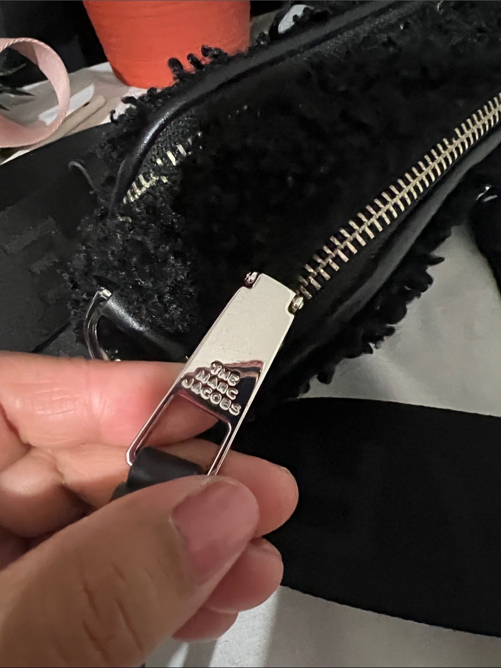 Black Shearling Crossbody Bag with Wide Logo Strap - Picture 8 of 9